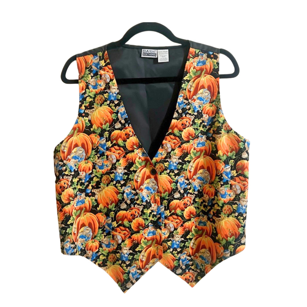 Vtg 90s Basic Editions Pumpkin Patch Halloween Vest M Teddy Bear Fall Whimsical